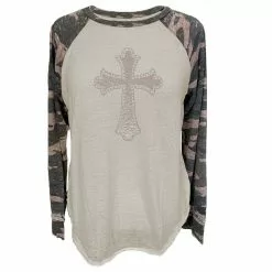 Lincoln Outfitters Ladies Long Sleeve Raglan Fashion Cross T-Shirt Camo - LO-LFR-08 - Long Sleeve Shirts Women's